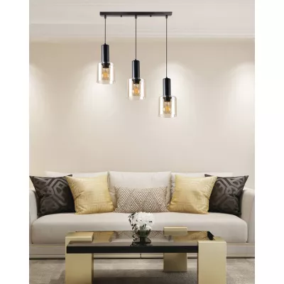 Závěsný lustr nad jídelní stůl ISAR - 3xE27, 40W, černý / jantarový