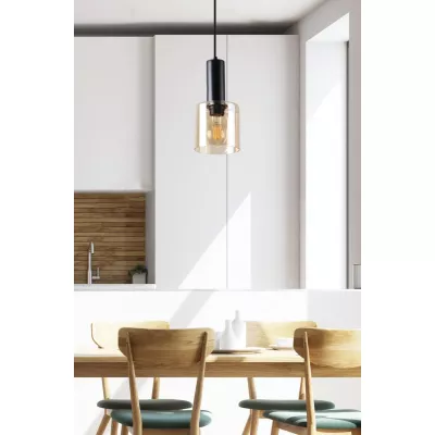 Závěsný lustr ISAR - 1xE27, 40W, černý / jantarový