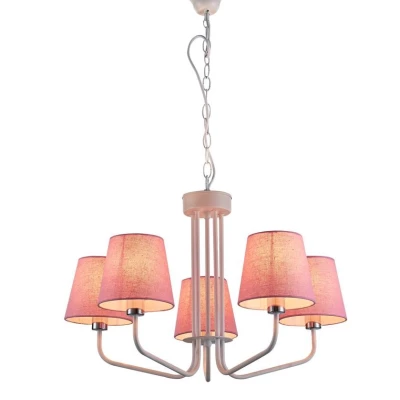 Závěsný pětiiramenný lustr na řetězu LUMINOR - 5xE14, 60W, bílý / růžový