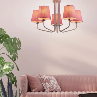 Závěsný pětiiramenný lustr na řetězu LUMINOR - 5xE14, 60W, bílý / růžový