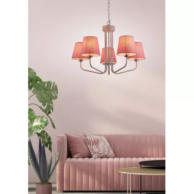 Závěsný pětiiramenný lustr na řetězu LUMINOR - 5xE14, 60W, bílý / růžový