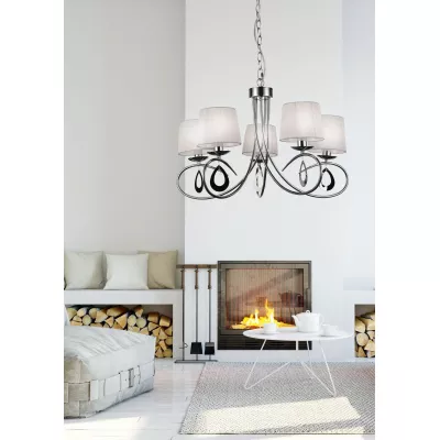 Závěsné pětiramenné svítidlo na řetězu ARNIKA - 5xE14, 40W, chromované / bílé