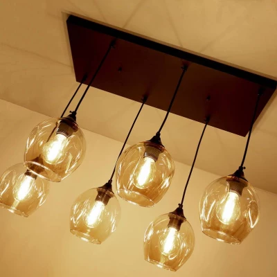 Závěsné designové svítidlo nad jídelní stůl ASPA - 6xE27, 40W, černé / jantarové