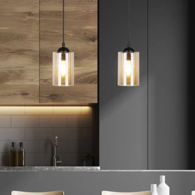 Závěsné moderní svítidlo nad jídelní stůl BISTRO - 2xE27, 40W, černé / jantarové