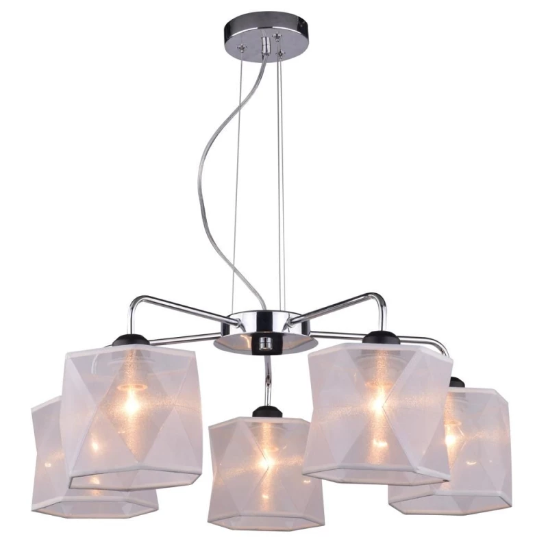 Závěsný pětiramenný lustr na lanku NOSJA - 5xE27, 40W, chromovaný / bílý