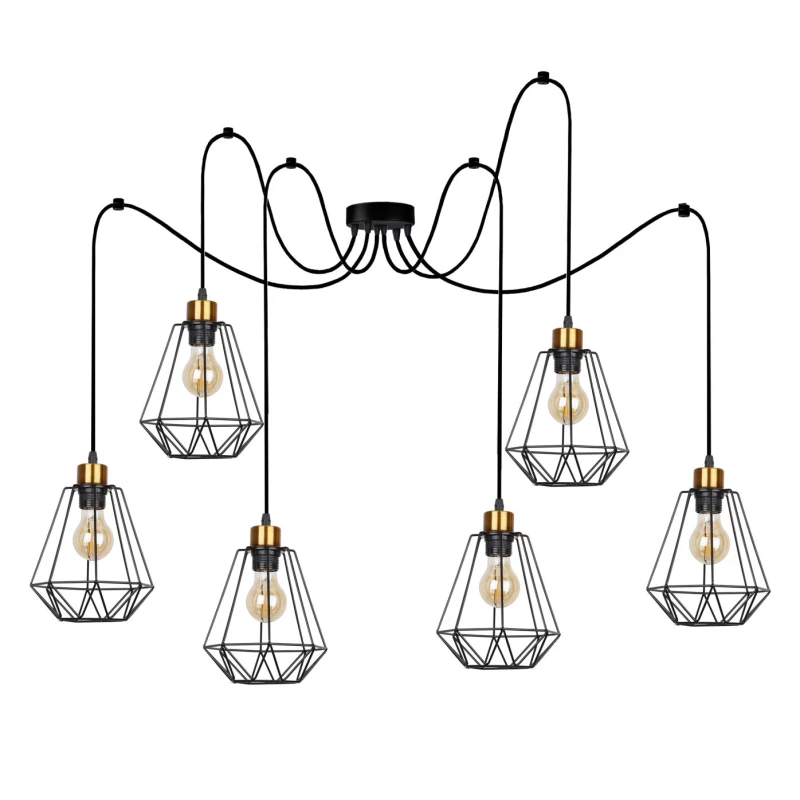 Závěsné světlo v industriálním stylu PRIMO 9 - 6xE27, 60W, zlaté / černé