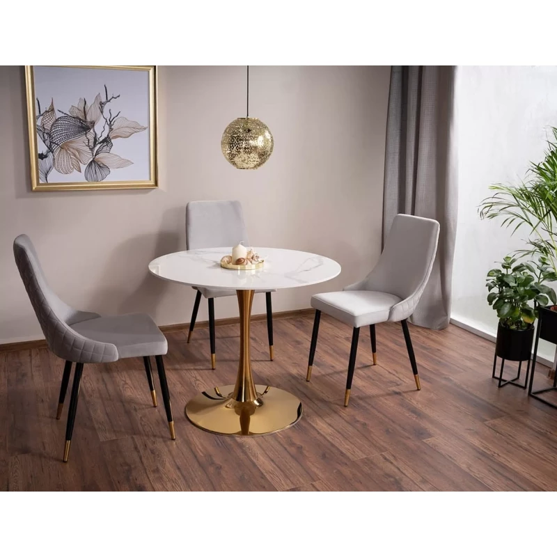 Kulatý jídelní stůl BRODIE - bílý mramor / zlatý