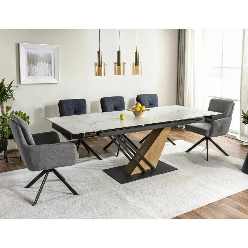 Designový jídelní stůl FARES - bílý / dub / černý