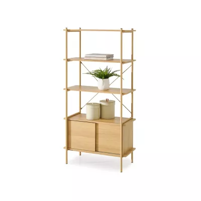 Vysoký regál s posuvnými dvířky OKELI - dub