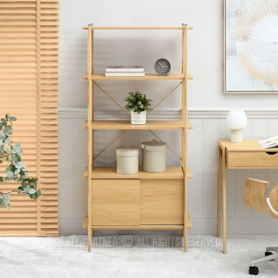 Vysoký regál s posuvnými dvířky OKELI - dub