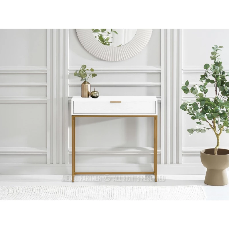 Konzolový stolek NIRAI se šuplíkem - bílý / zlatý