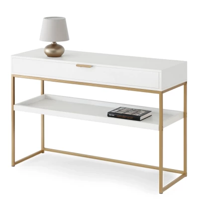 Konzolový stolek NIRAI s policí a šuplíkem - bílý / zlatý