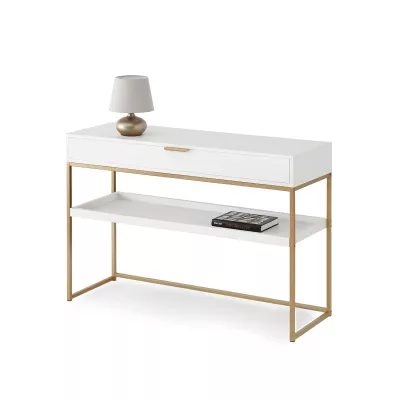 Konzolový stolek NIRAI s policí a šuplíkem - bílý / zlatý