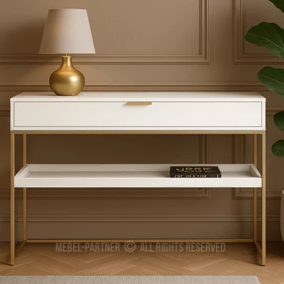 Konzolový stolek NIRAI s policí a šuplíkem - bílý / zlatý