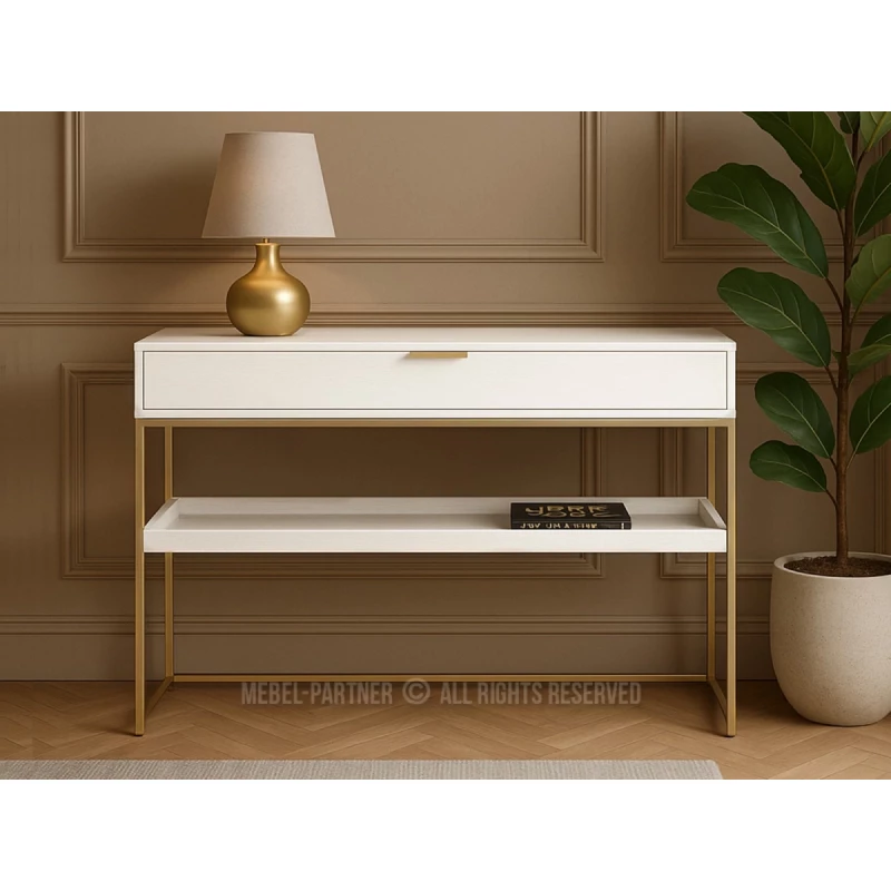 Konzolový stolek NIRAI s policí a šuplíkem - bílý / zlatý