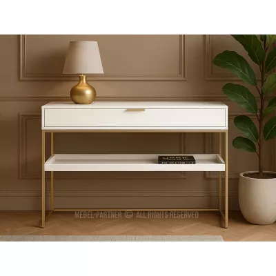 Konzolový stolek NIRAI s policí a šuplíkem - bílý / zlatý