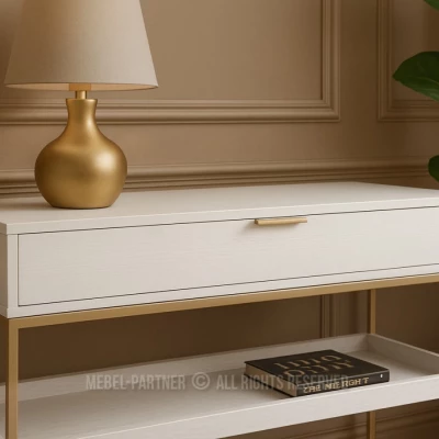 Konzolový stolek NIRAI s policí a šuplíkem - bílý / zlatý