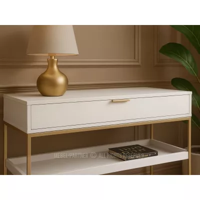 Konzolový stolek NIRAI s policí a šuplíkem - bílý / zlatý