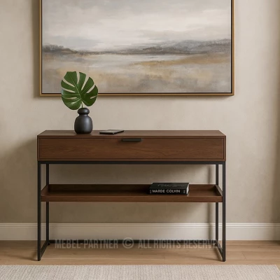 Konzolový stolek NIRAI s policí a šuplíkem - ořech / černý