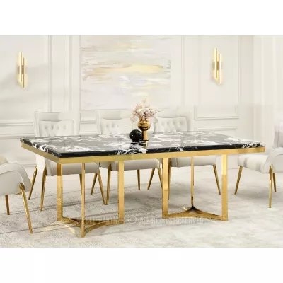 Stylový jídelní stůl FARIS - černobílý mramor / zlatý