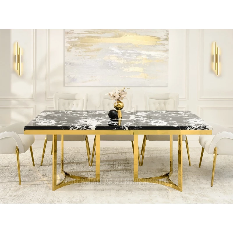 Stylový jídelní stůl FARIS - černobílý mramor / zlatý