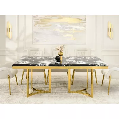 Stylový jídelní stůl FARIS - černobílý mramor / zlatý