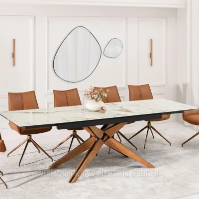 Rozkládací jídelní stůl FEDOR - béžový mramor / dub