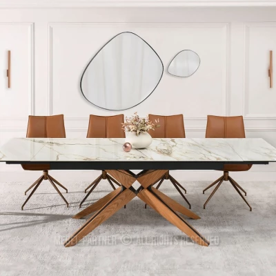 Rozkládací jídelní stůl FEDOR - béžový mramor / dub