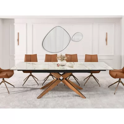 Rozkládací jídelní stůl FEDOR - béžový mramor / dub