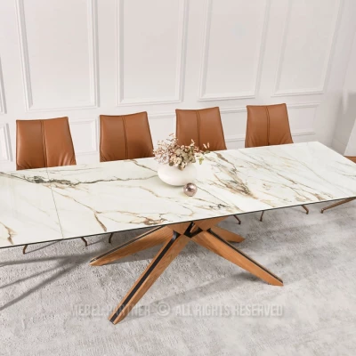 Rozkládací jídelní stůl FEDOR - béžový mramor / dub