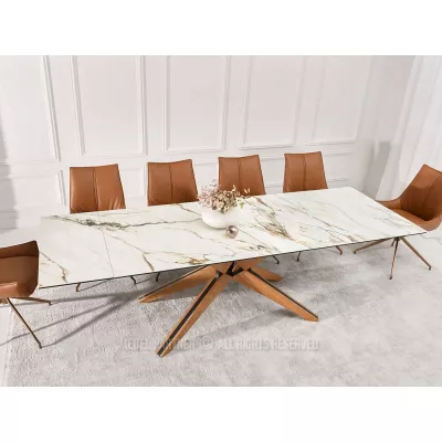 Rozkládací jídelní stůl FEDOR - béžový mramor / dub