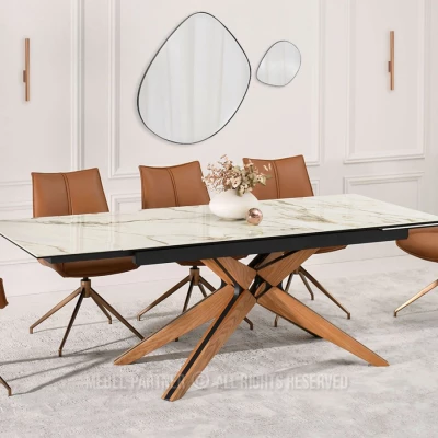 Rozkládací jídelní stůl FEDOR - béžový mramor / dub