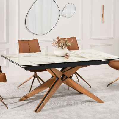 Rozkládací jídelní stůl FEDOR - béžový mramor / dub