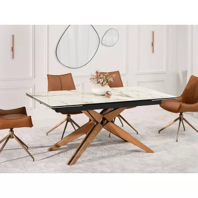 Rozkládací jídelní stůl FEDOR - béžový mramor / dub