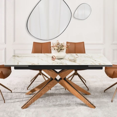 Rozkládací jídelní stůl FEDOR - béžový mramor / dub