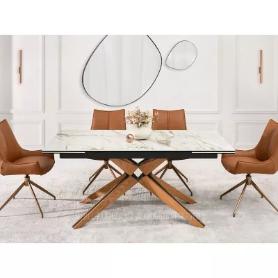 Rozkládací jídelní stůl FEDOR - béžový mramor / dub