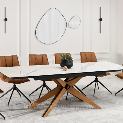 Rozkládací jídelní stůl FEDOR - bílý mramor / dub