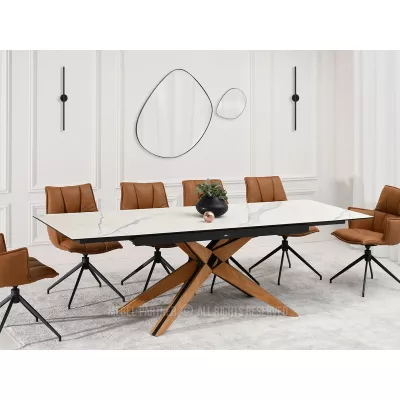 Rozkládací jídelní stůl FEDOR - bílý mramor / dub