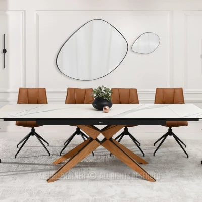 Rozkládací jídelní stůl FEDOR - bílý mramor / dub