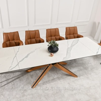 Rozkládací jídelní stůl FEDOR - bílý mramor / dub