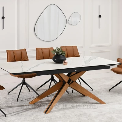 Rozkládací jídelní stůl FEDOR - bílý mramor / dub