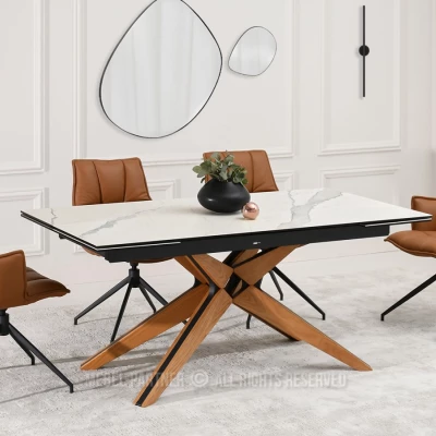 Rozkládací jídelní stůl FEDOR - bílý mramor / dub