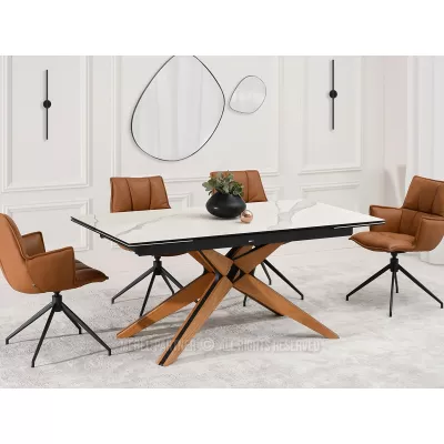 Rozkládací jídelní stůl FEDOR - bílý mramor / dub