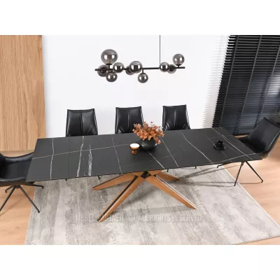 Rozkládací jídelní stůl FEDOR - černý mramor / dub