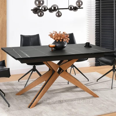 Rozkládací jídelní stůl FEDOR - černý mramor / dub