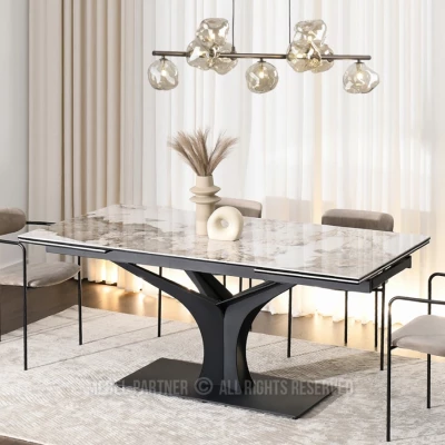 Stylový rozkládací jídelní stůl GAETAN - bílý mramor / černý