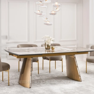 Rozkládací jídelní stůl GARRIS - bílý mramor / hnědý