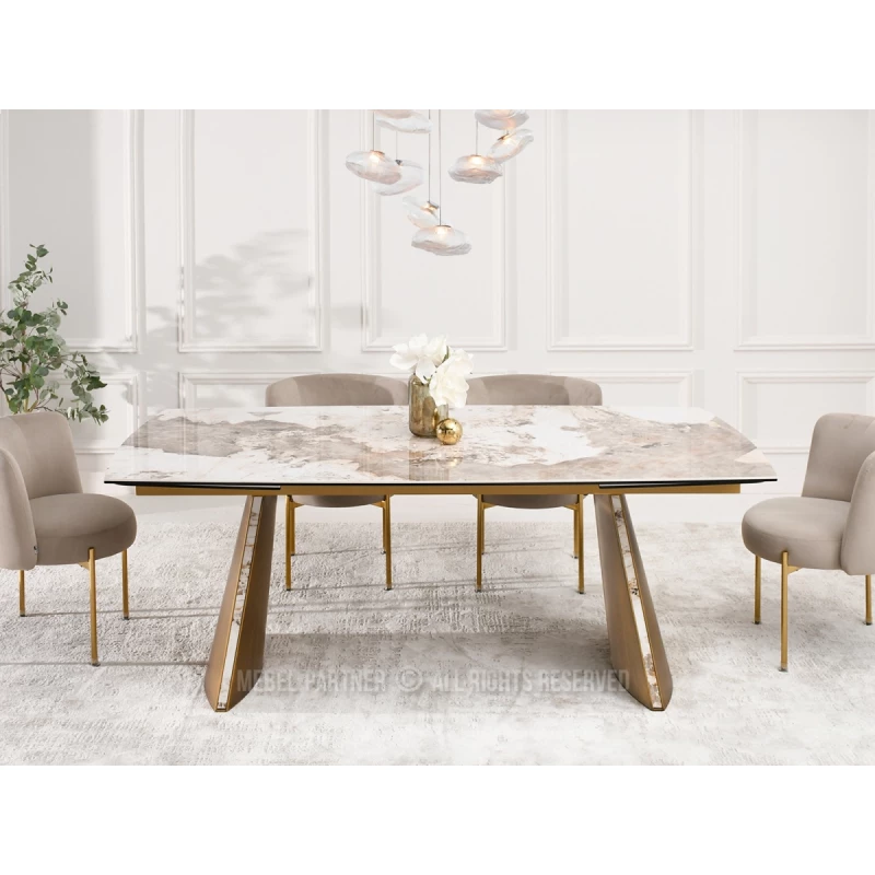 Rozkládací jídelní stůl GARRIS - bílý mramor / hnědý
