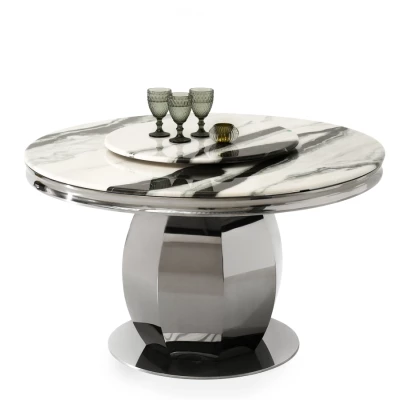 Kulatý jídelní stůl GEMMO - černobílý mramor / černý