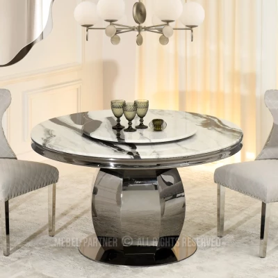 Kulatý jídelní stůl GEMMO - černobílý mramor / černý